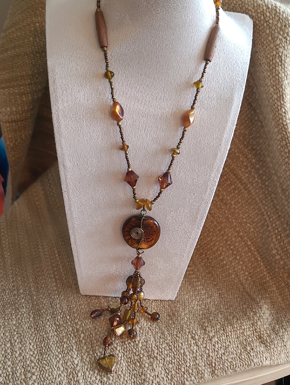 2/$22 Artisan Made Brown & Bronze Glass, Wood and Acrylic Boho Beaded Necklace